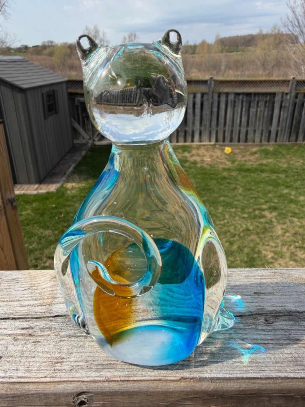 Art Glass Cat Figurine Blue Amber Controlled Bubble Hand Blown Style - Picture 8 of 9